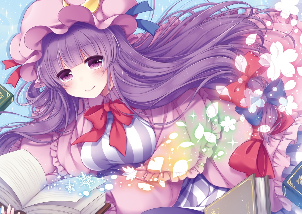 aliasing, book, bow, flowers, hat, long_hair, mage, magic