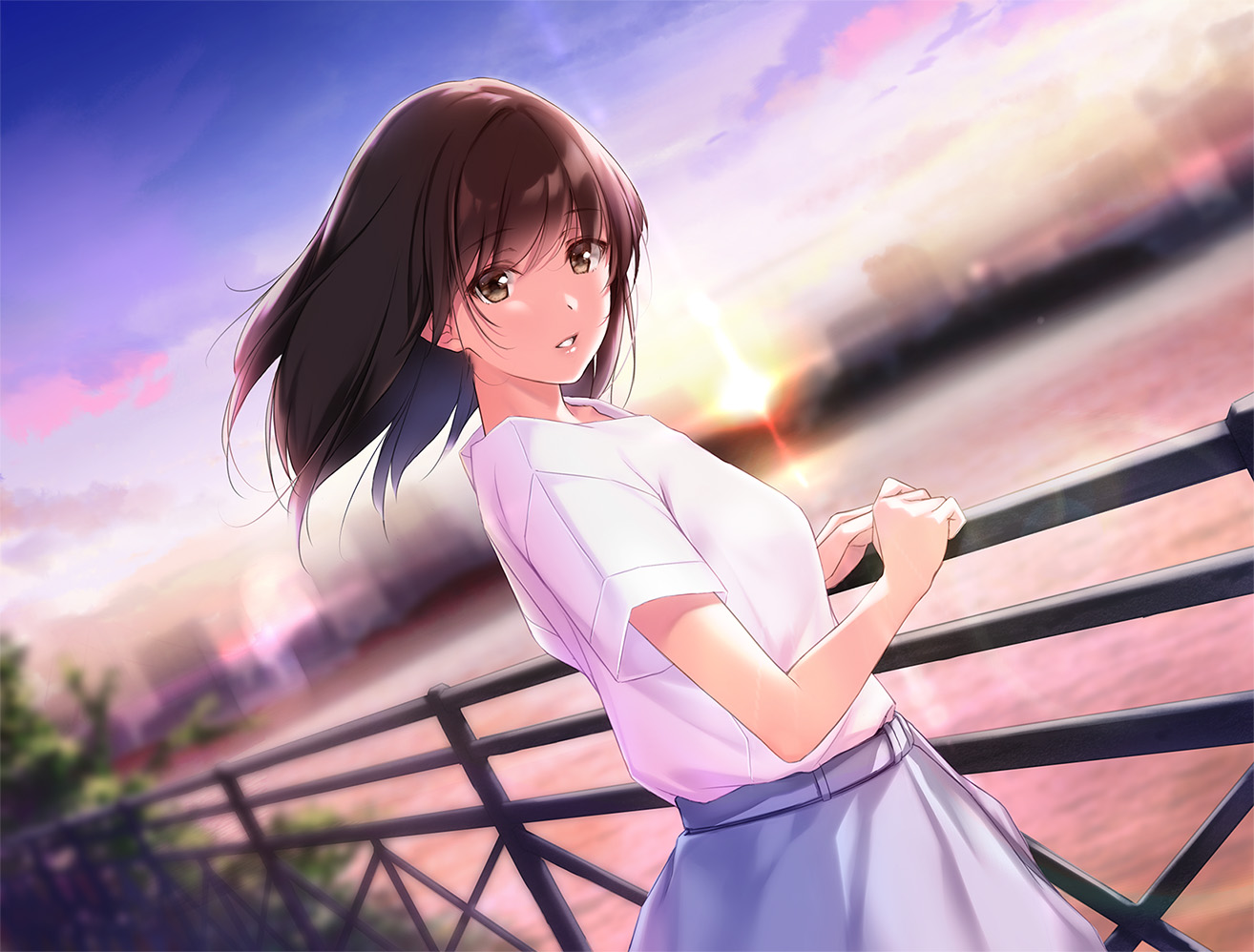 brown_eyes, brown_hair, jpeg_artifacts, katou_megumi, nayuta69, original, saenai_heroine_no_sodatekata, short_hair, skirt, sunset, water
