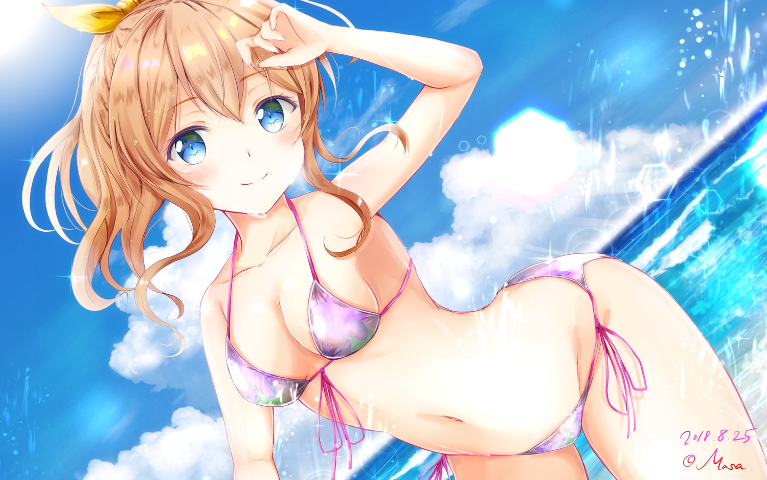 bang_dream!, bikini, blonde_hair, blue_eyes, breasts, cleavage, clouds, long_hair, masa_(mirage77), navel, ponytail, signed, sky, swimsuit, water, yamabuki_saaya