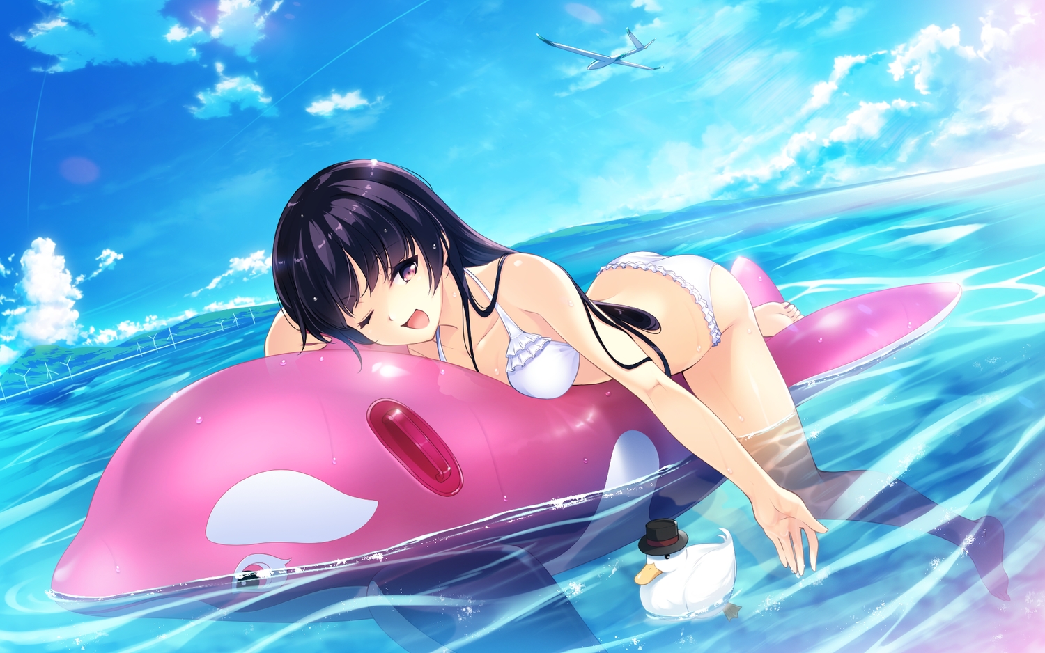 ass, barefoot, bikini, black_hair, clouds, game_cg, habane_kotori, kono_oozora_ni_tsubasa_wo_hirogete