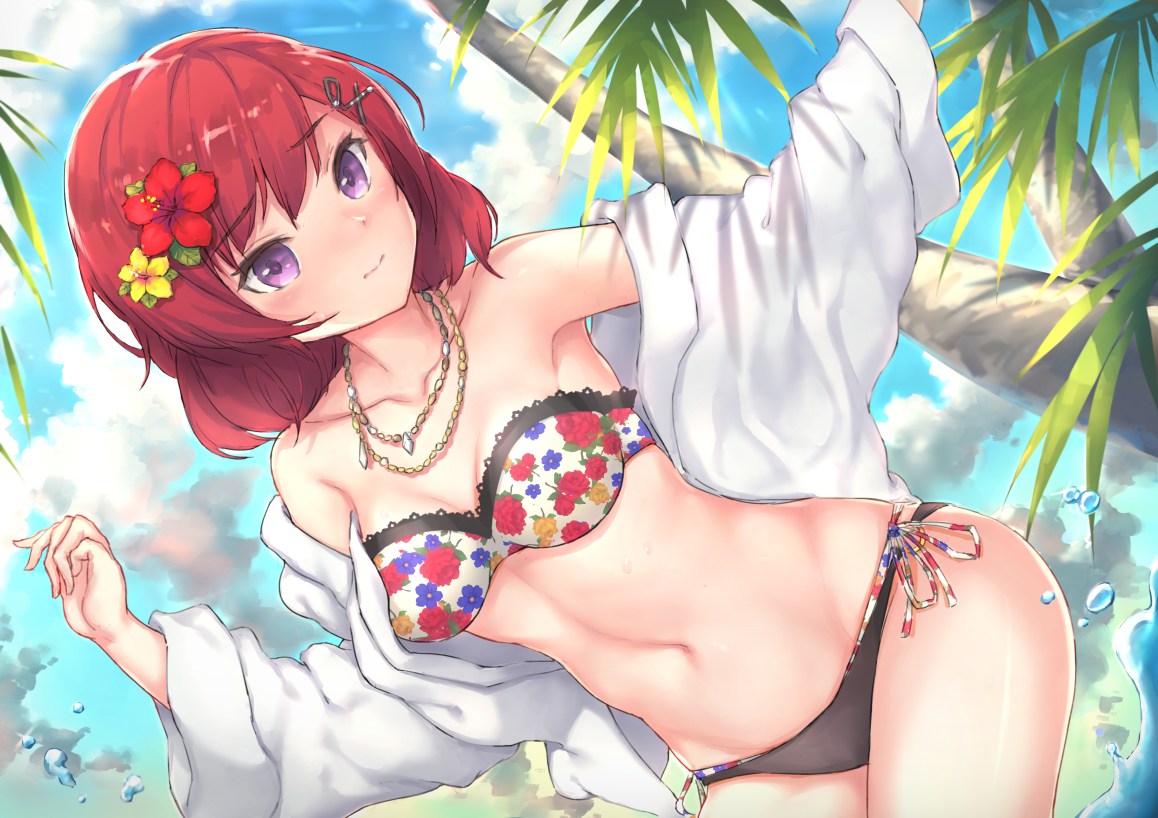 bikini, blush, clouds, flowers, jpeg_artifacts, love_live!_school_idol_project, navel, necklace