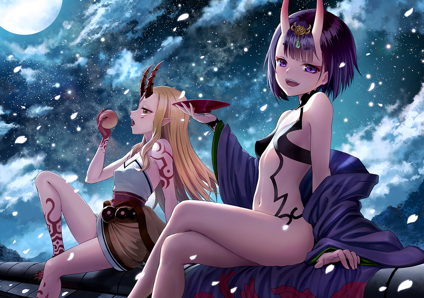 2girls, blonde_hair, clouds, demon, drink, fang, fate/grand_order, fate_(series), food, fruit, green_eyes, horns, ibaraki_douji_(fate), japanese_clothes, kimono, long_hair, moon, night, petals, pointed_ears, purple_eyes, purple_hair, sake, short_hair, shuten_douji_(fate), sion_(9117), sky, tattoo