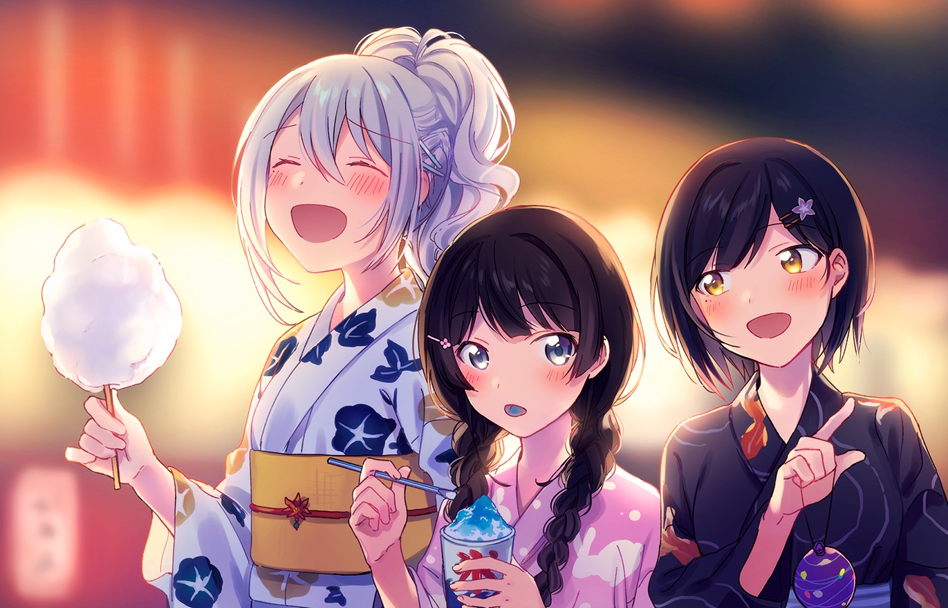 black_hair, braids, candy, festival, fuji_fujino, gray_hair, higuchi_kaede, japanese_clothes
