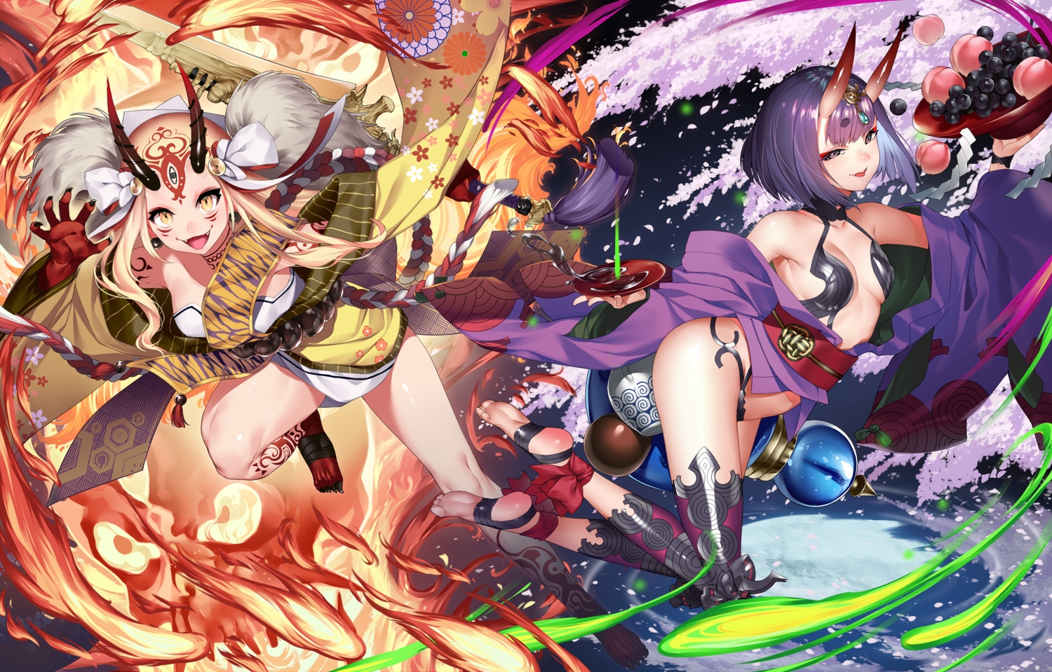 2girls, barefoot, blonde_hair, breasts, demon, fate/grand_order, fate_(series), fire, food, fruit, hamada_pochiwo, horns, ibaraki_douji_(fate), long_hair, purple_eyes, purple_hair, short_hair, shuten_douji_(fate), tattoo, yellow_eyes