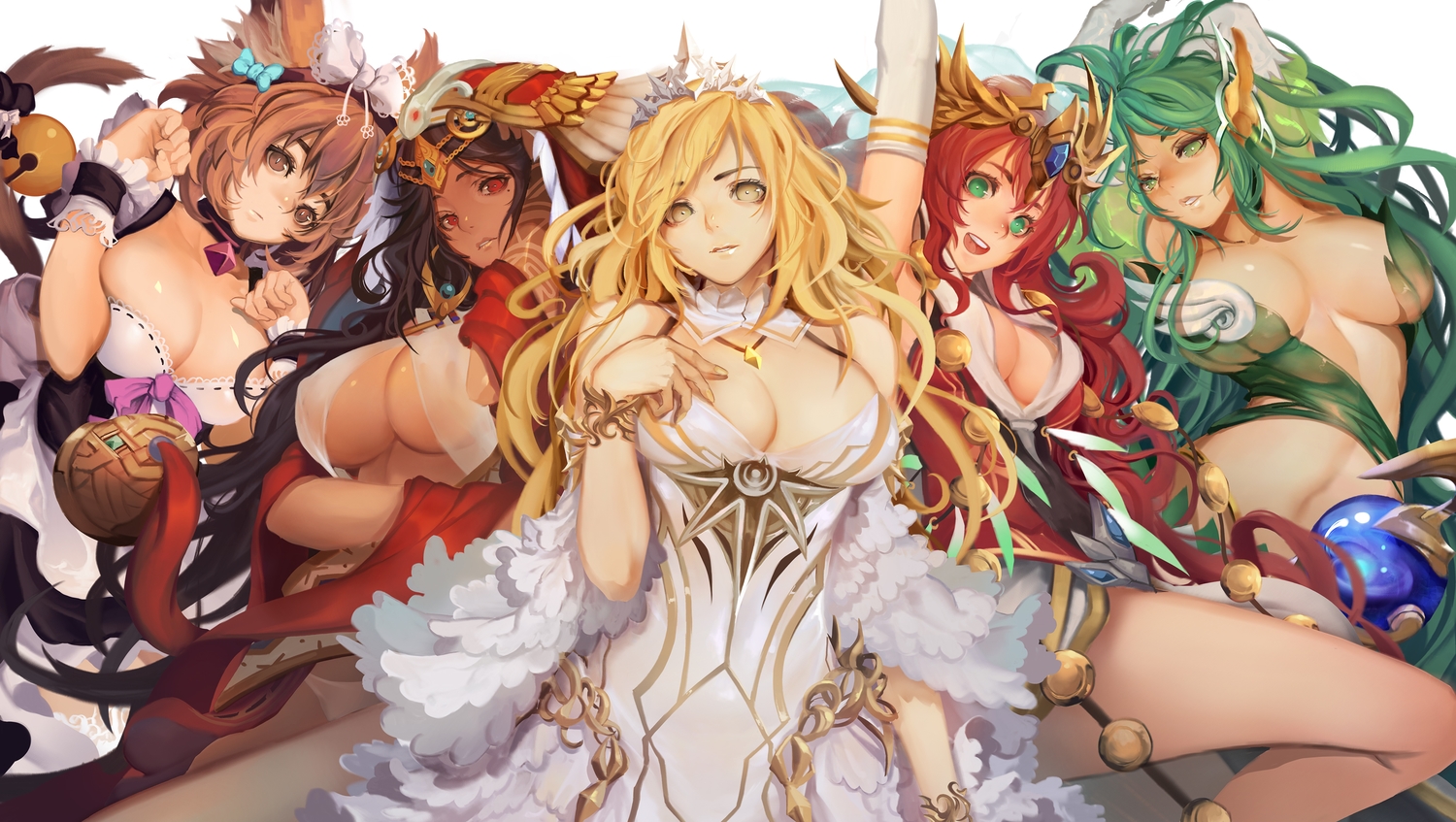 angelia_(sdorica), animal_ears, baby.g, bell, black_hair, blonde_hair, breasts, brown_eyes, brown_hair, cleavage, dark_skin, dress, green_eyes, green_hair, group, hestia_(sdorica), kittyeyes_(sdorica), lisa_(sdorica), long_hair, maid, no_bra, open_shirt, panties, red_eyes, red_hair, sdorica_-sunset-, see_through, short_hair, tica_(sdorica), underboob, underwear, yellow_eyes