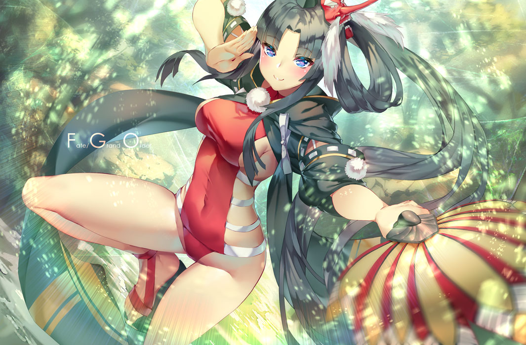 black_hair, blue_eyes, breasts, fan, fate/grand_order, fate_(series), long_hair, navel