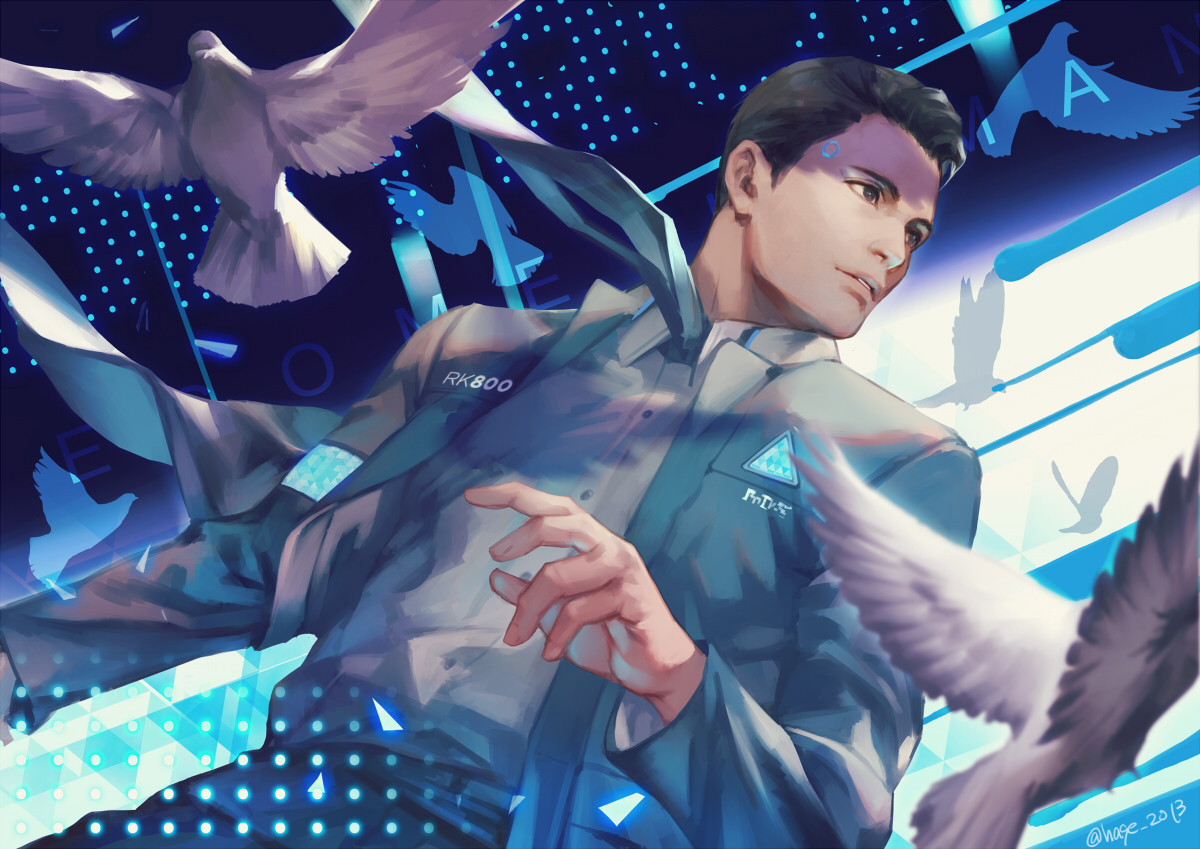 all_male, animal, bird, brown_eyes, brown_hair, connor_(detroit:_become_human), detroit:_become_human, h@ge, male, robot, short_hair, signed, suit, tie