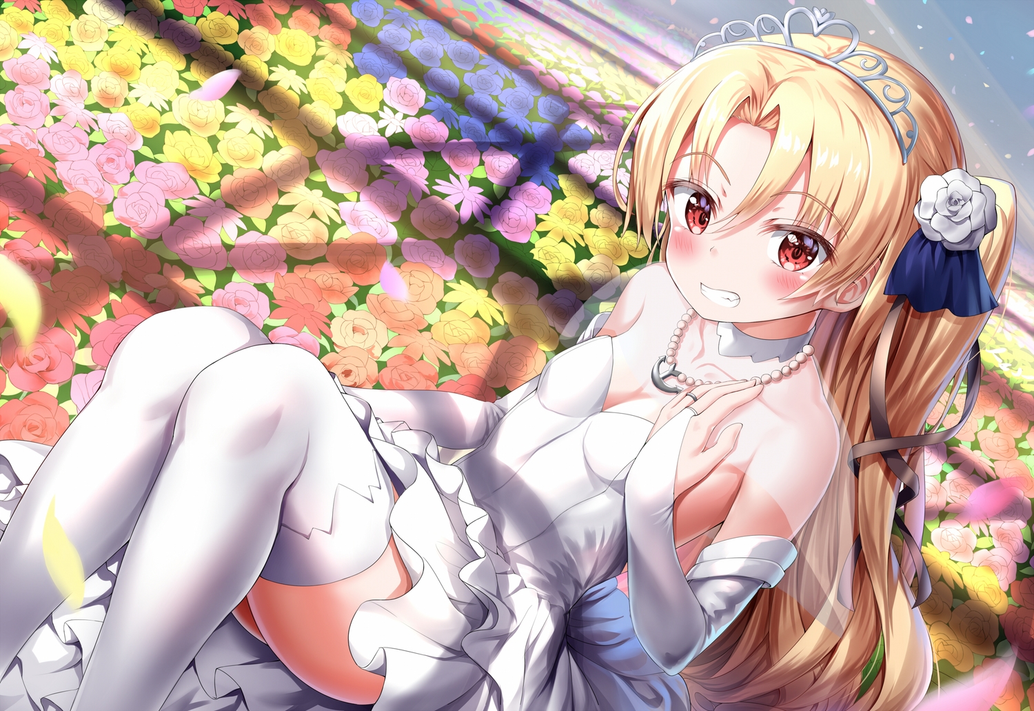 anthropomorphism, azur_lane, blonde_hair, blush, breasts, cleavage, cleveland_(azur_lane), dress