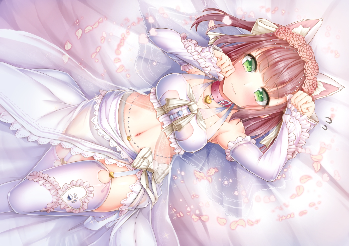 animal_ears, anthropomorphism, azur_lane, blush, bow, brown_hair, catgirl, collar, doyouwantto, flowers, garter_belt, green_eyes, headdress, navel, shiratsuyu_(azur_lane), short_hair, skirt, stockings, thighhighs