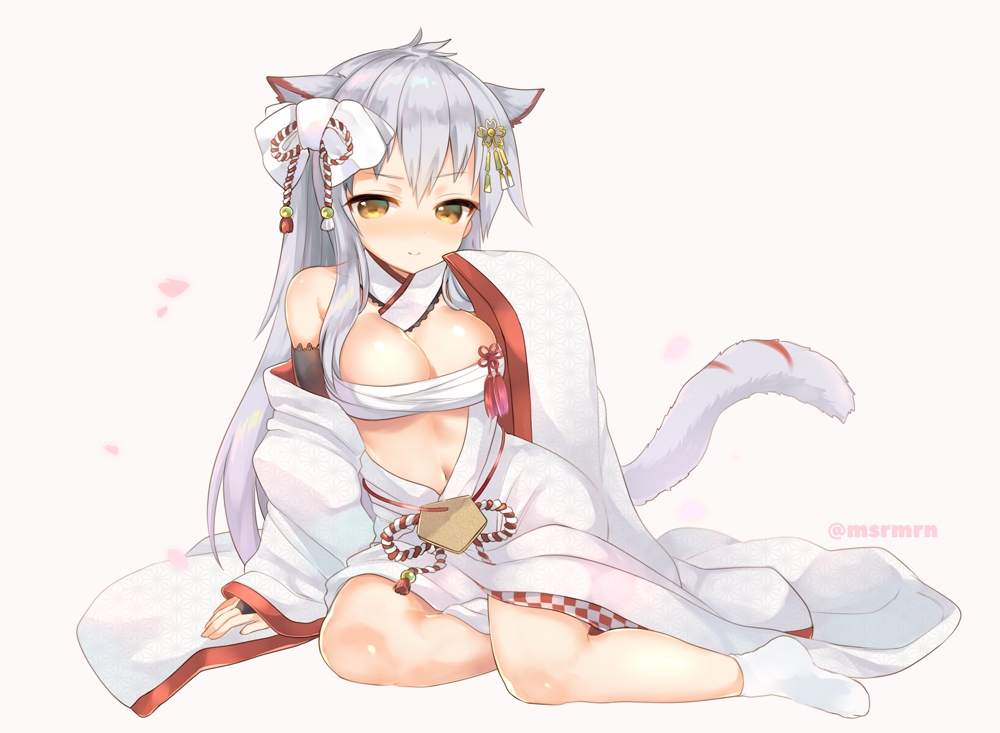 animal_ears, anthropomorphism, azur_lane, bandage, breasts, catgirl, cleavage, elbow_gloves, gloves, gray_hair, hyuuga_(azur_lane), japanese_clothes, long_hair, marshmallow_mille, navel, sarashi, socks, tail, underwear, watermark, yellow_eyes