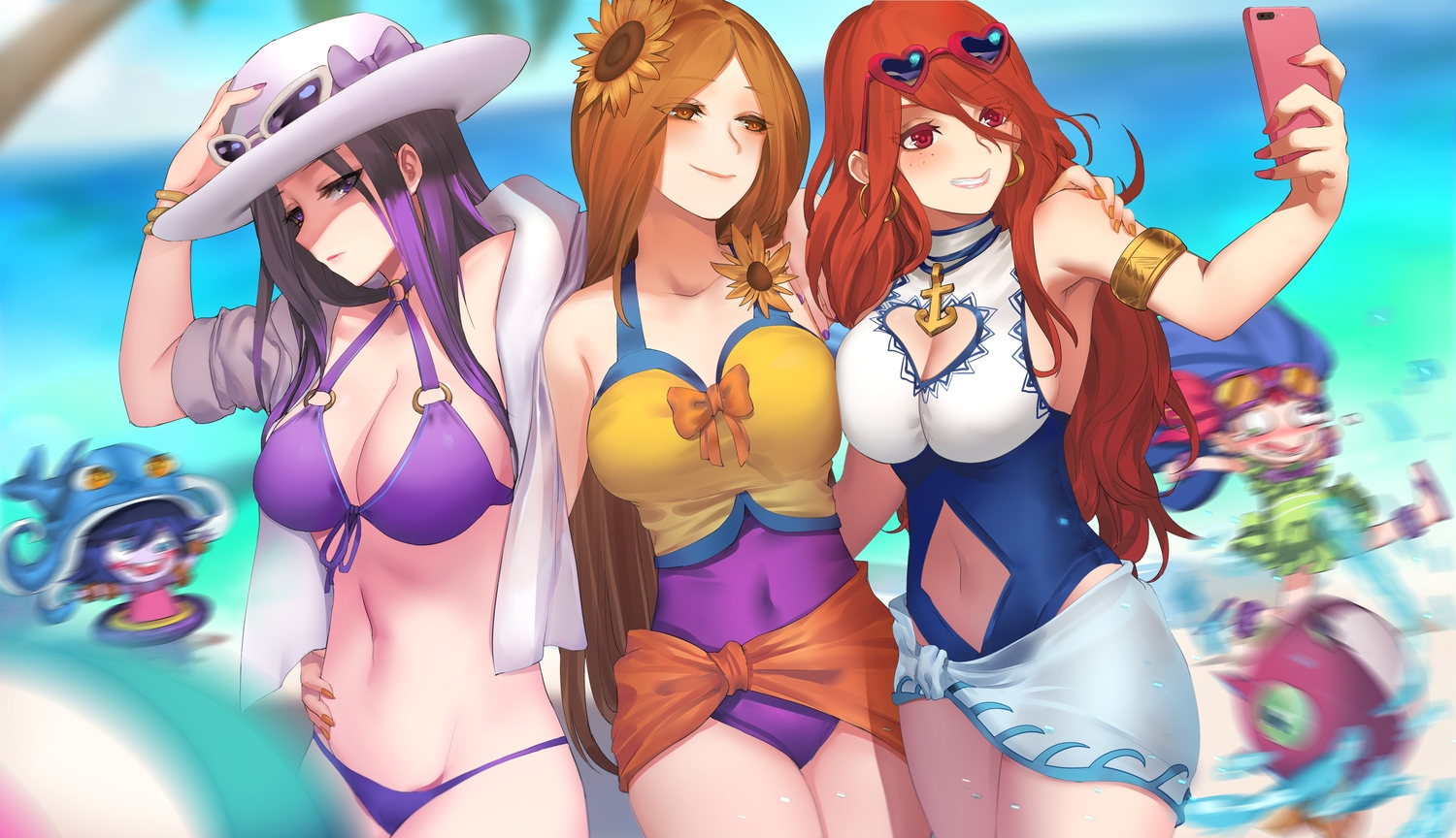 bikini, black_hair, breasts, brown_hair, caitlyn, camera, cleavage, group