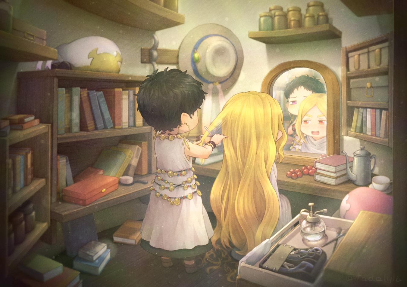 2girls, black_hair, blonde_hair, book, dararito, dress, hakumei_to_mikochi, jada_(hakumei_to_mikochi), konju_(hakumei_to_mikochi), long_hair, mirror, orange_eyes, pointed_ears, red_eyes, reflection, short_hair, signed, wristwear