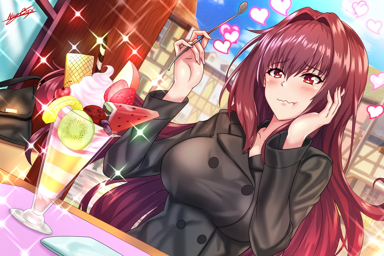 apple, blush, breasts, building, cherry, city, clouds, fate/grand_order