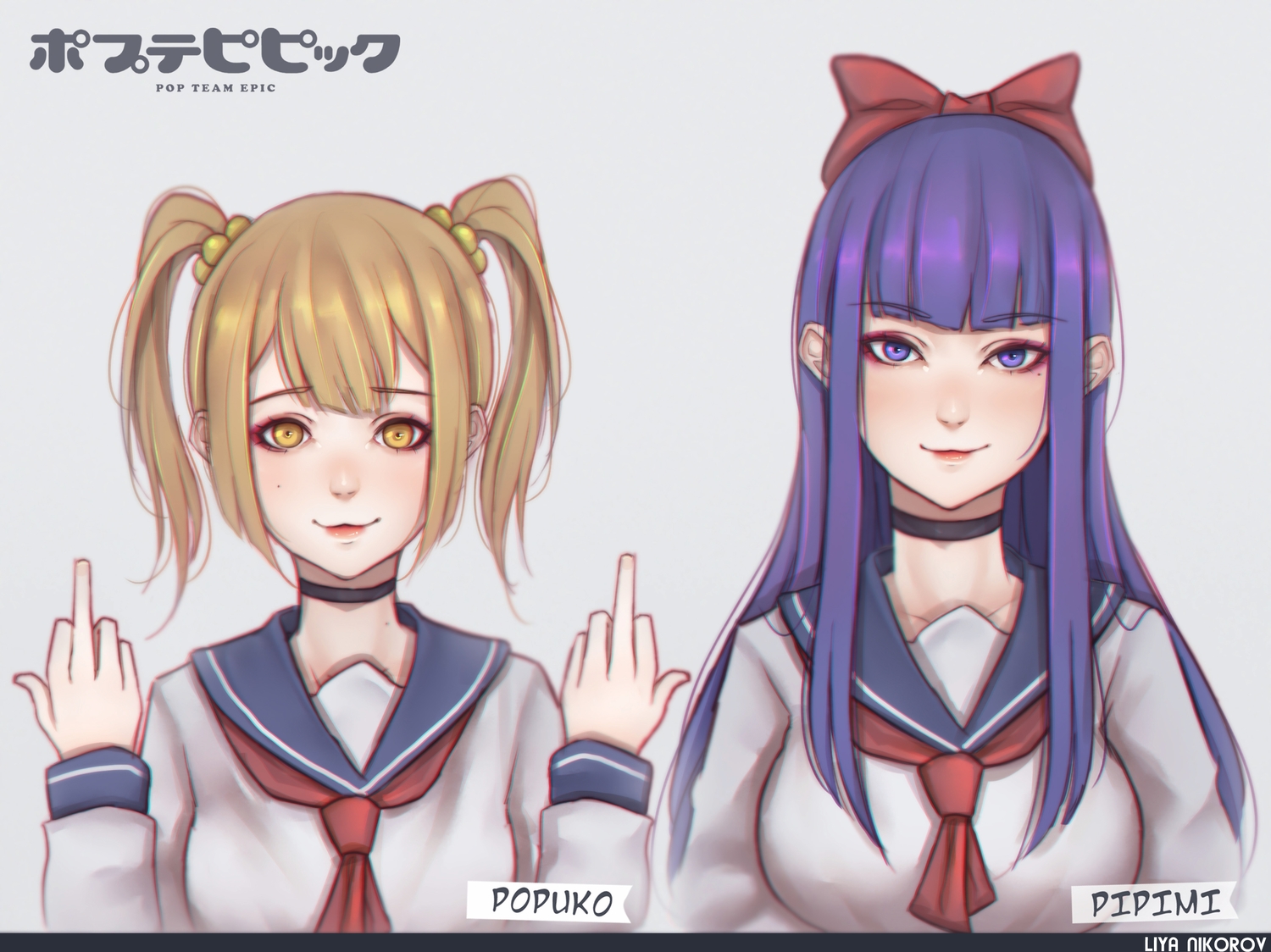 2girls, blonde_hair, cat_smile, choker, liya_nikorov, logo, long_hair, pipimi, pop_team_epic, popuko, purple_eyes, purple_hair, school_uniform, twintails, watermark, yellow_eyes