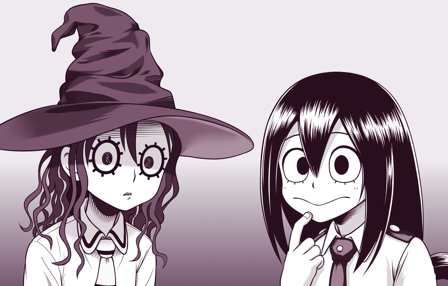 2girls, akim_x, asobi_asobase, asui_tsuyu, black_eyes, black_hair, boku_no_hero_academia, close, crossover, gradient, hat, long_hair, monochrome, oka_(asobi_asobase), school_uniform, tie, waifu2x, witch_hat