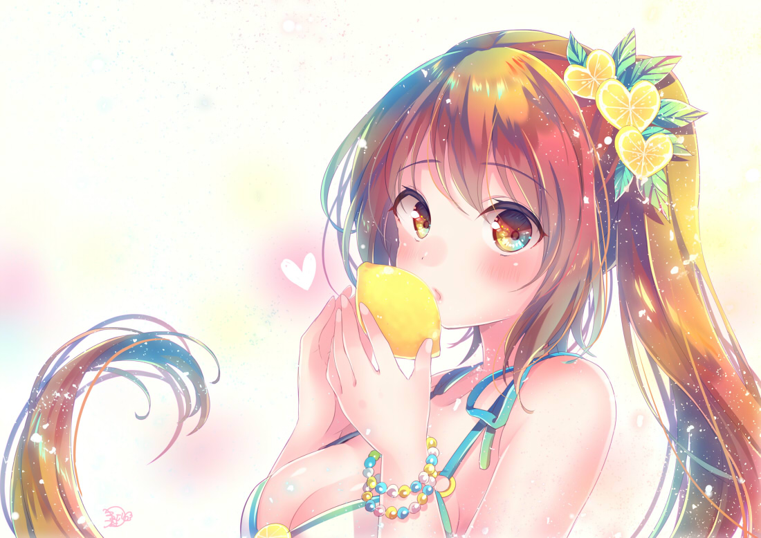 bikini_top, blush, breasts, cleavage, close, food, fruit, gothic_wa_mahou_otome