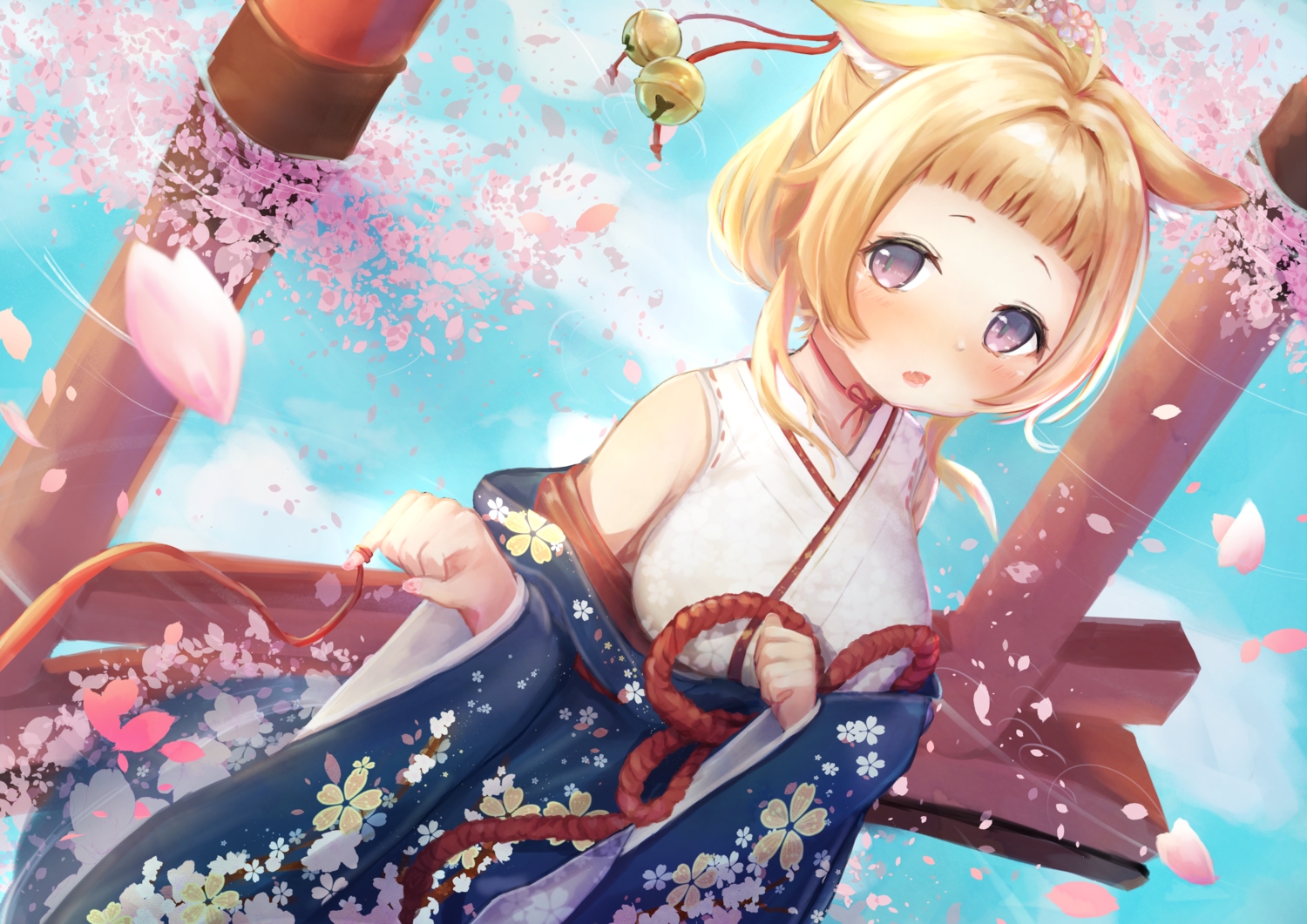 animal_ears, anthropomorphism, ariake_(azur_lane), azur_lane, bell, blonde_hair, choker, clouds