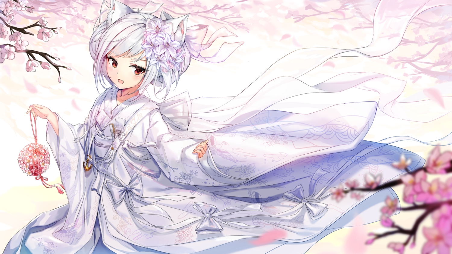 aliasing, animal_ears, anthropomorphism, azur_lane, bow, catgirl, cherry_blossoms, fang