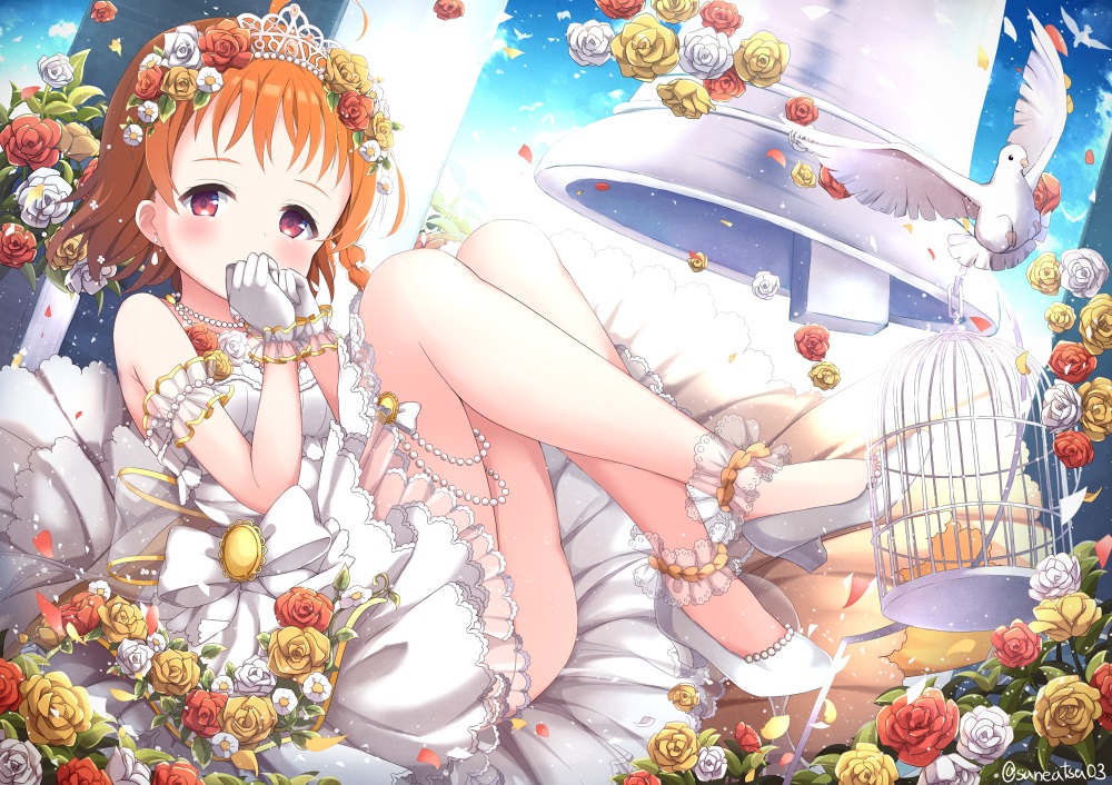 animal, bell, bird, blush, cage, clouds, dress, flowers