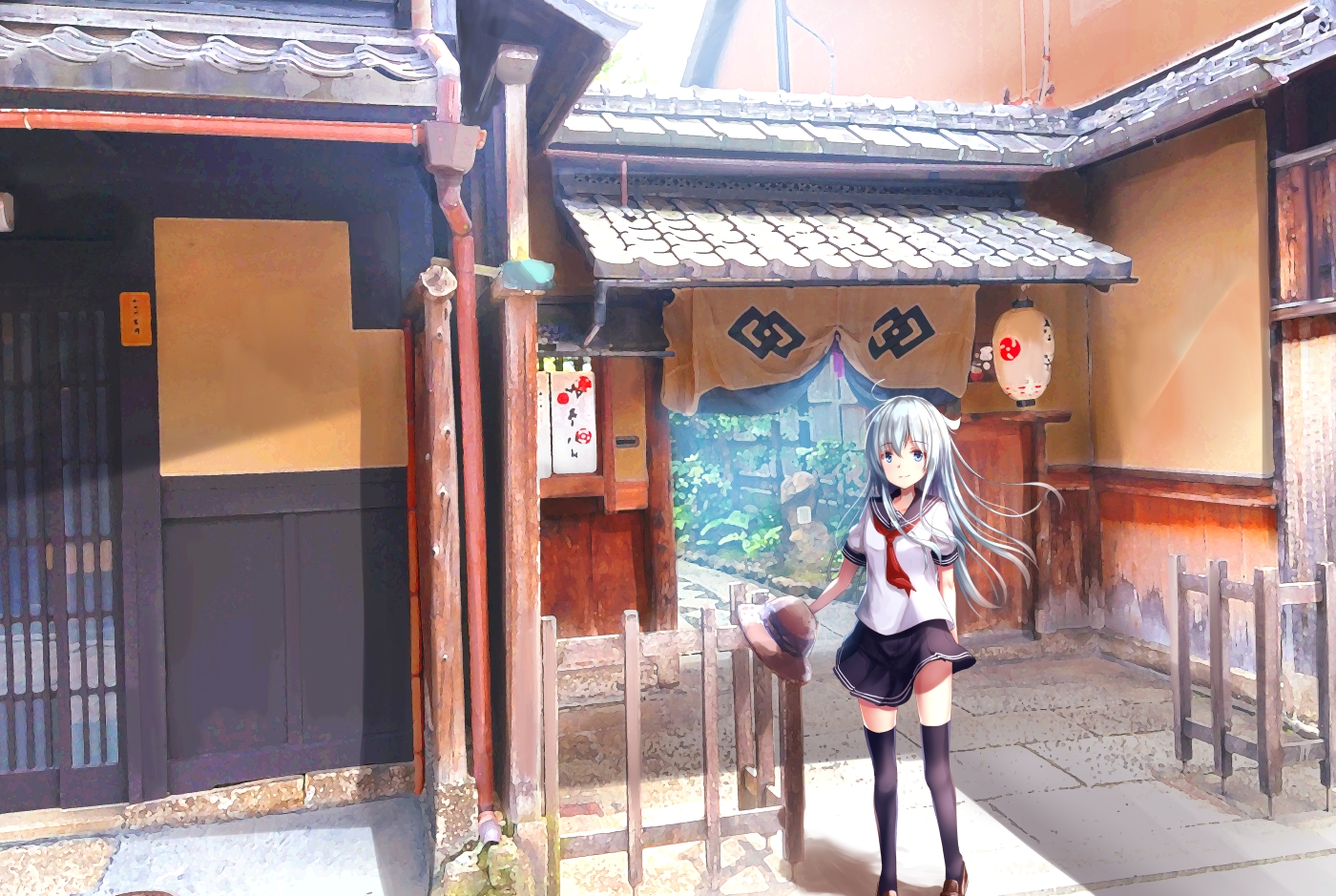 akabane_hibame, anthropomorphism, blue_eyes, building, hat, hibiki_(kancolle), kantai_collection, long_hair
