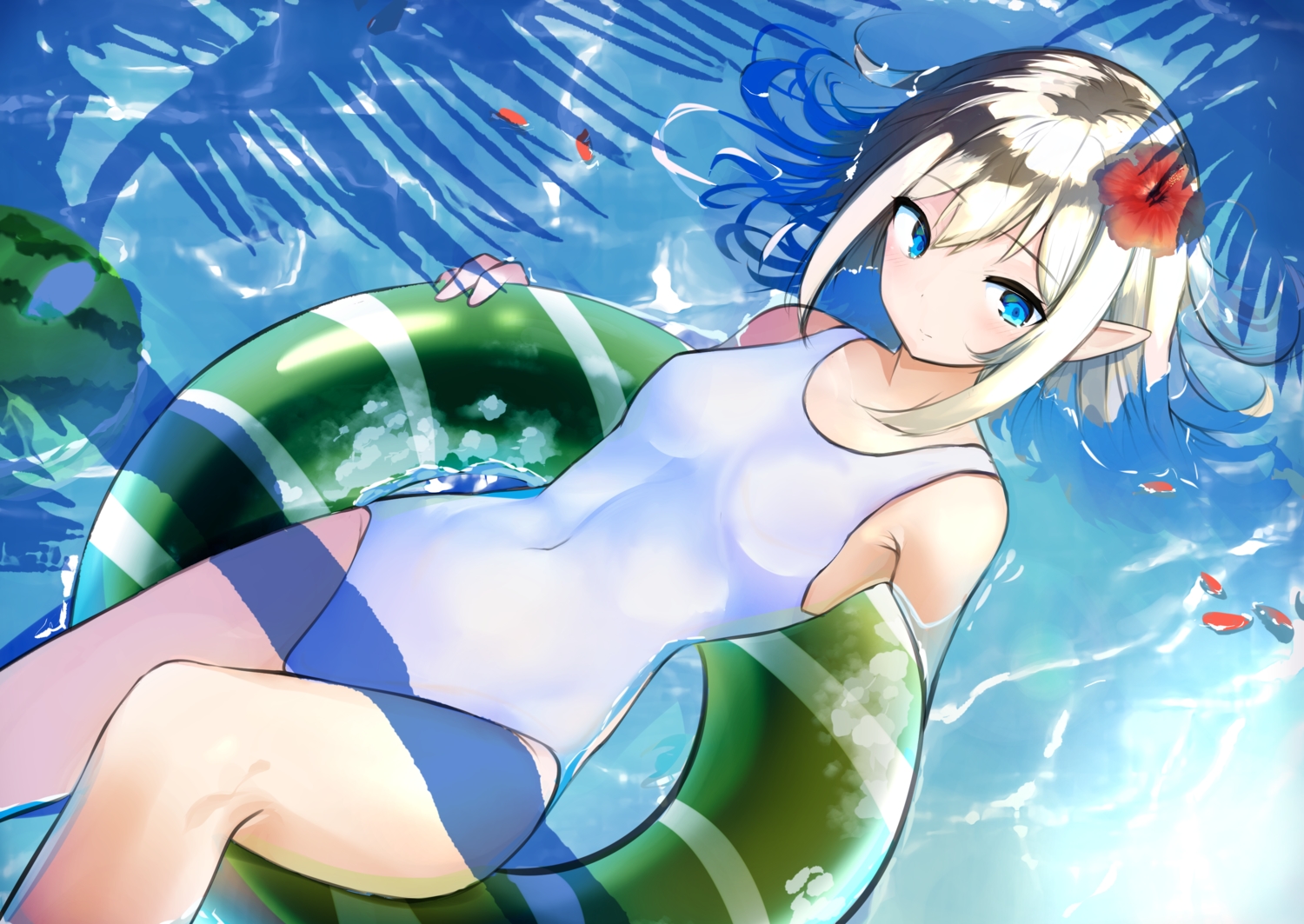 aqua_eyes, blonde_hair, flowers, food, fruit, odeclea, original, pointed_ears, swim_ring, swimsuit, water, watermelon