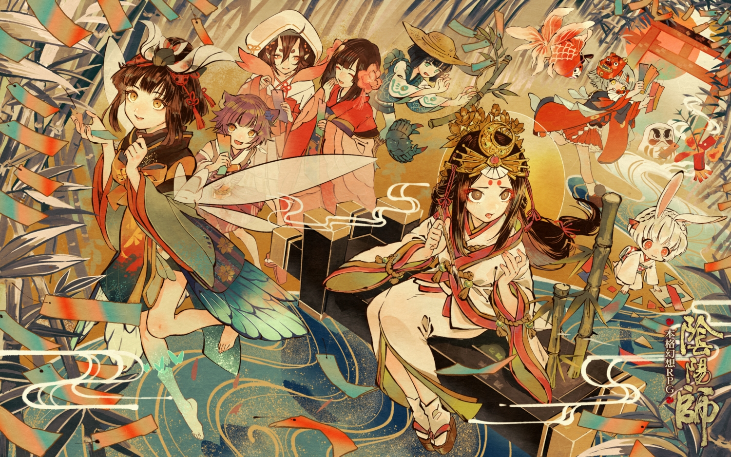 animal, animal_ears, bunny_ears, bunnygirl, catgirl, crab, demon, fish, group, hat, headdress, hood, horns, japanese_clothes, kaguyahime_(onmyouji), kaoru_(onmyouji), kimono, kingyohime_(onmyouji), loli, long_hair, mask, momo_no_sei_(onmyouji), mushishi_(onmyouji), onmyouji, pointed_ears, p-suke, sakura_no_sei_(onmyouji), short_hair, socks, tagme_(character), torii, water, wings, yamausagi_(onmyouji)