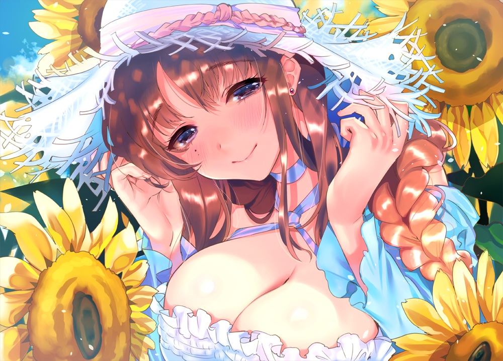 blush, braids, breasts, brown_eyes, brown_hair, choker, cleavage, close
