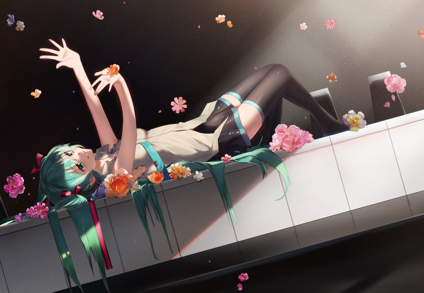 flowers, green_eyes, green_hair, hatsune_miku, vocaloid, yamai_fake