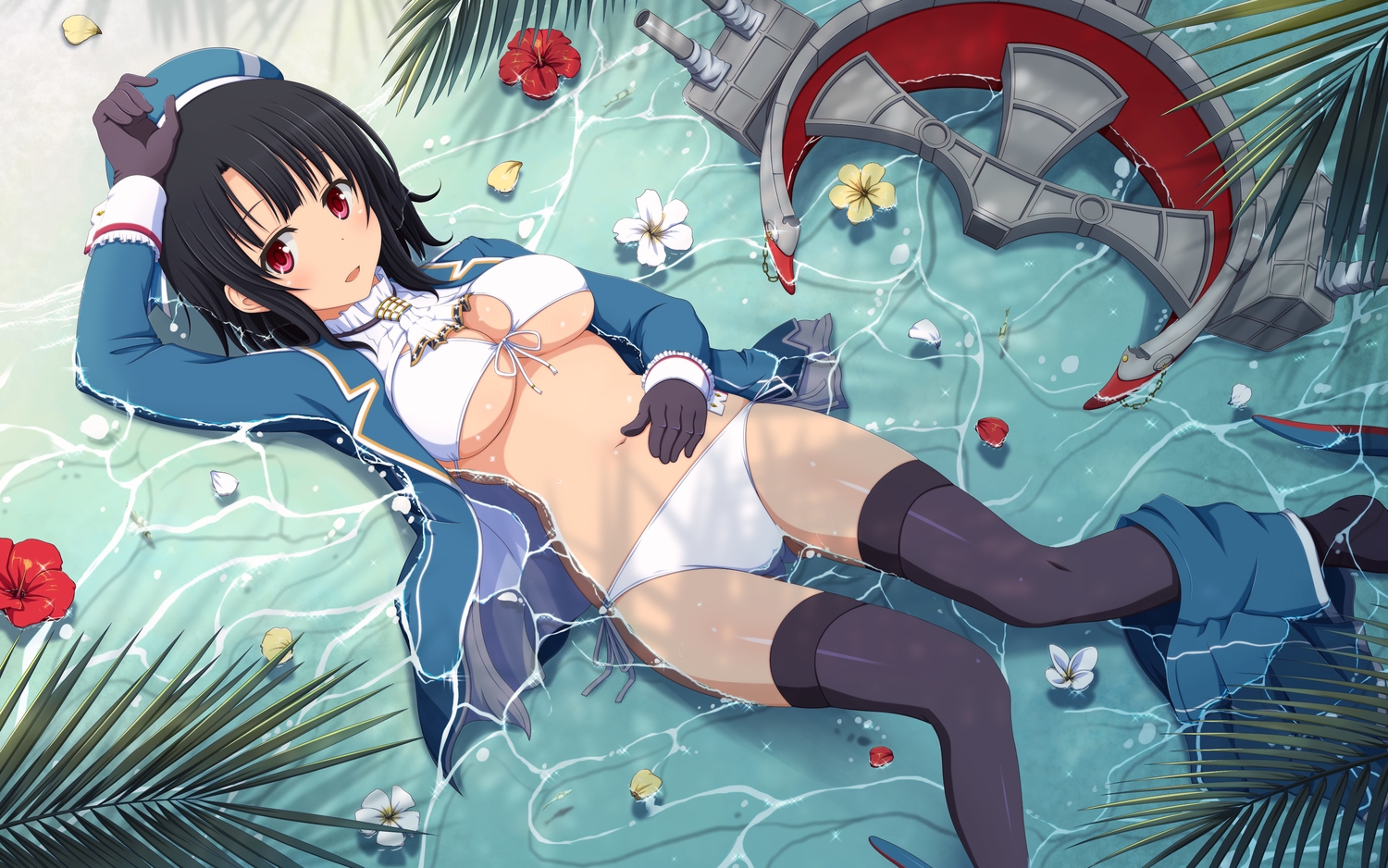 aliasing, anthropomorphism, bikini, black_hair, breasts, cleavage, flowers, gloves, hat, jpeg_artifacts, kantai_collection, leaves, open_shirt, red_eyes, shira-nyoro, short_hair, swimsuit, takao_(kancolle), thighhighs, water, wet