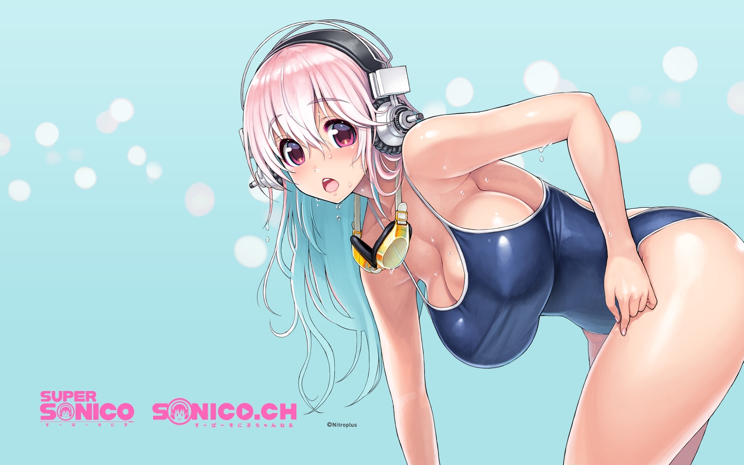 blush, breasts, goggles, headphones, jpeg_artifacts, logo, long_hair, nitroplus