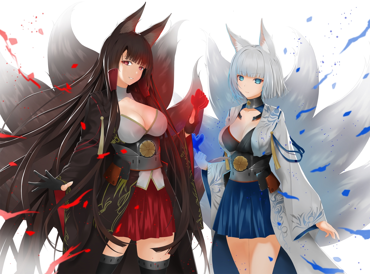 2girls, akagi_(azur_lane), animal_ears, anthropomorphism, aqua_eyes, azur_lane, breasts, brown_hair
