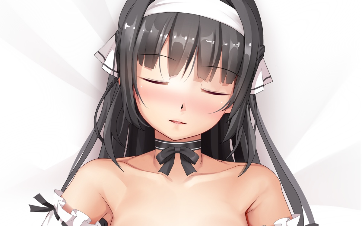 black_hair, choker, eto, headband, long_hair, original, ribbons, sleeping