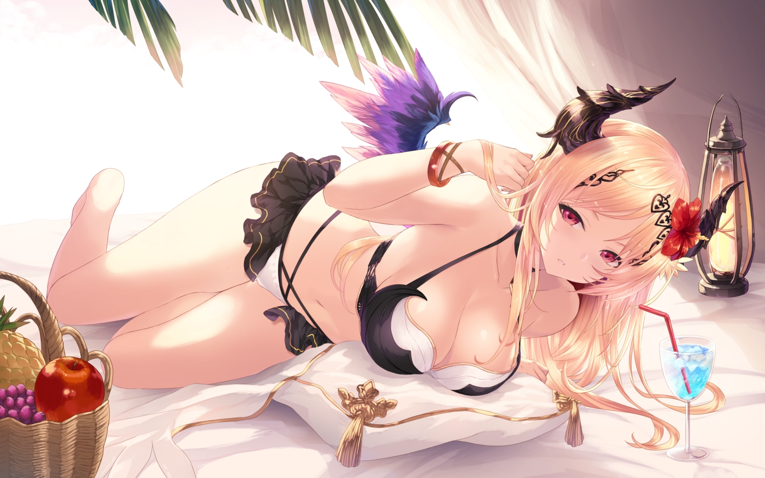 apple, barefoot, bikini, blonde_hair, cait, dark_angel_olivia, drink, flowers, food, fruit, granblue_fantasy, horns, long_hair, red_eyes, swimsuit, wings