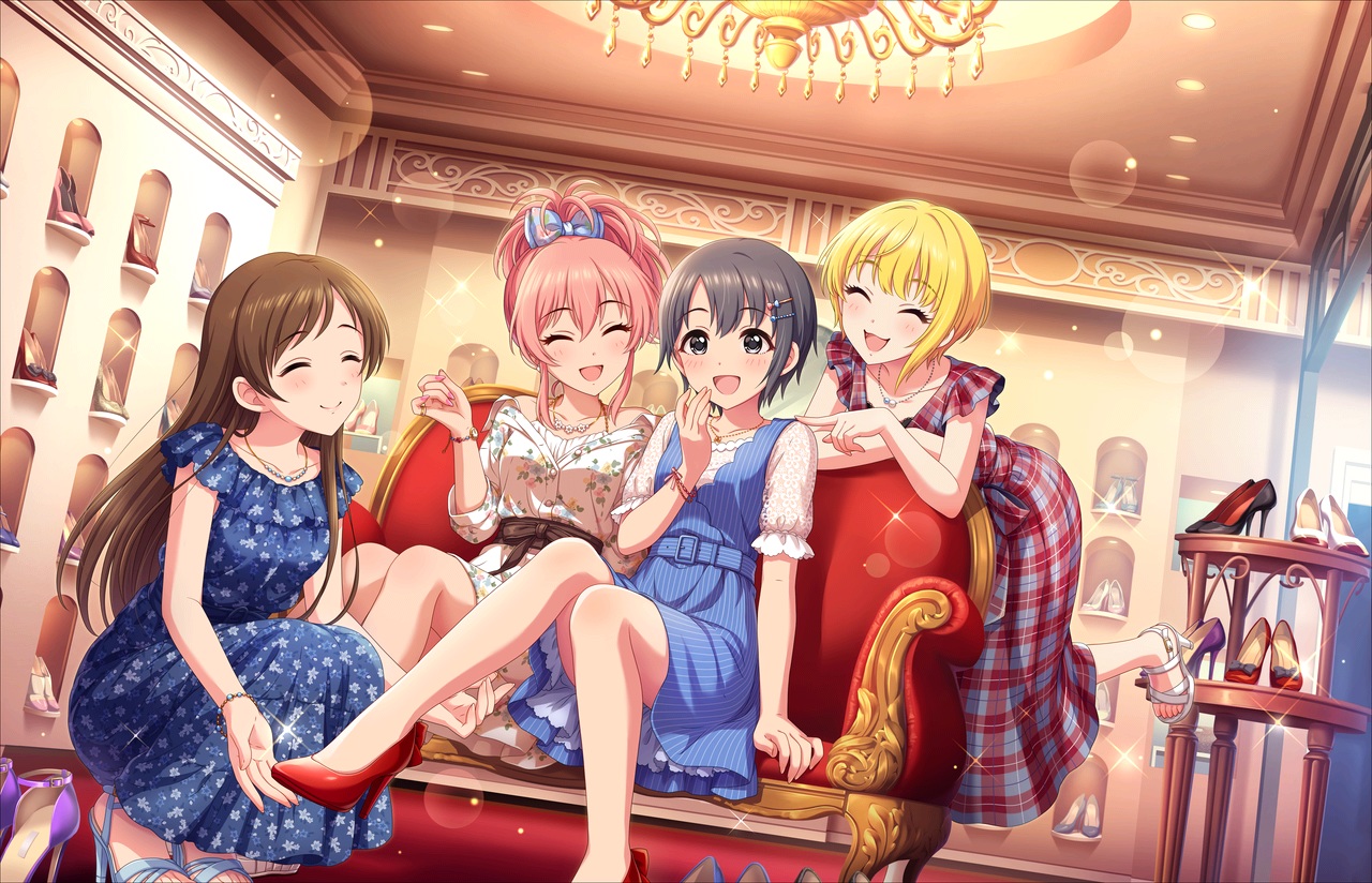 annin_doufu, couch, dress, group, idolmaster, idolmaster_cinderella_girls, idolmaster_cinderella_girls_starlight_stage, jougasaki_mika, miyamoto_frederica, necklace, nitta_minami, otokura_yuuki, wristwear