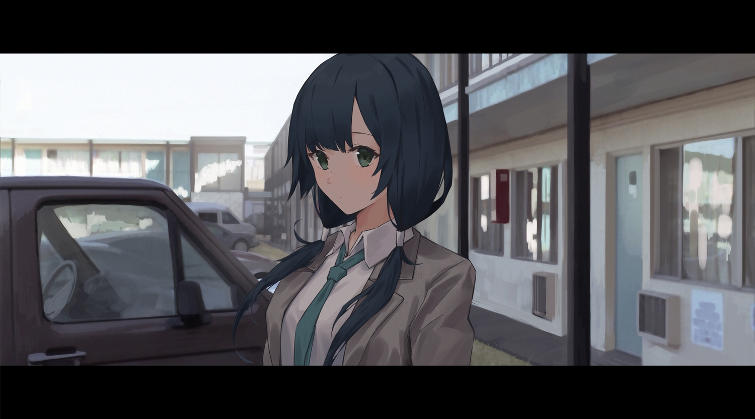 black_hair, building, car, gh_(chen_ghh), green_eyes, long_hair, shade, shirobako