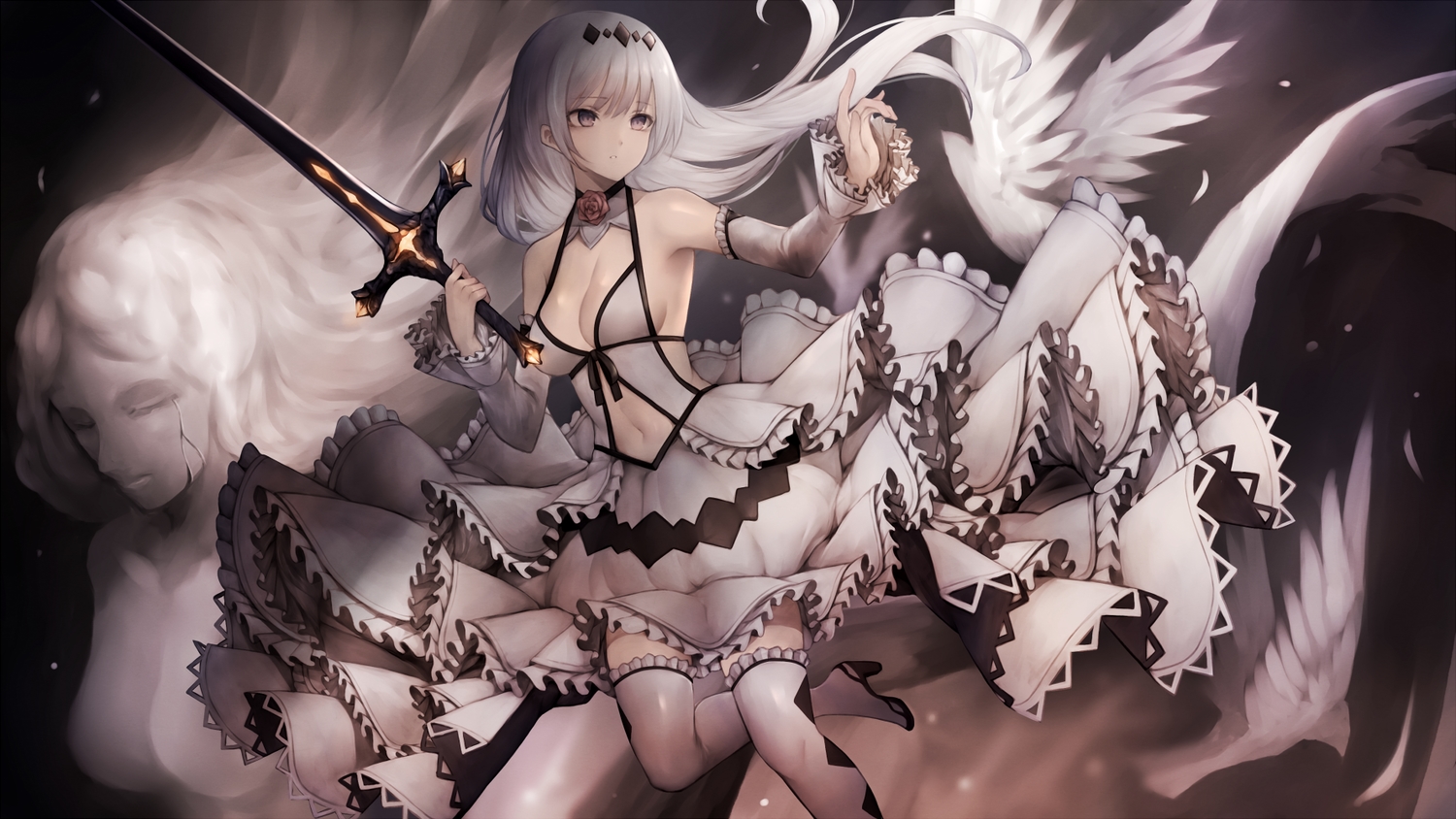 animal, bird, breasts, cleavage, dress, feathers, long_hair, original