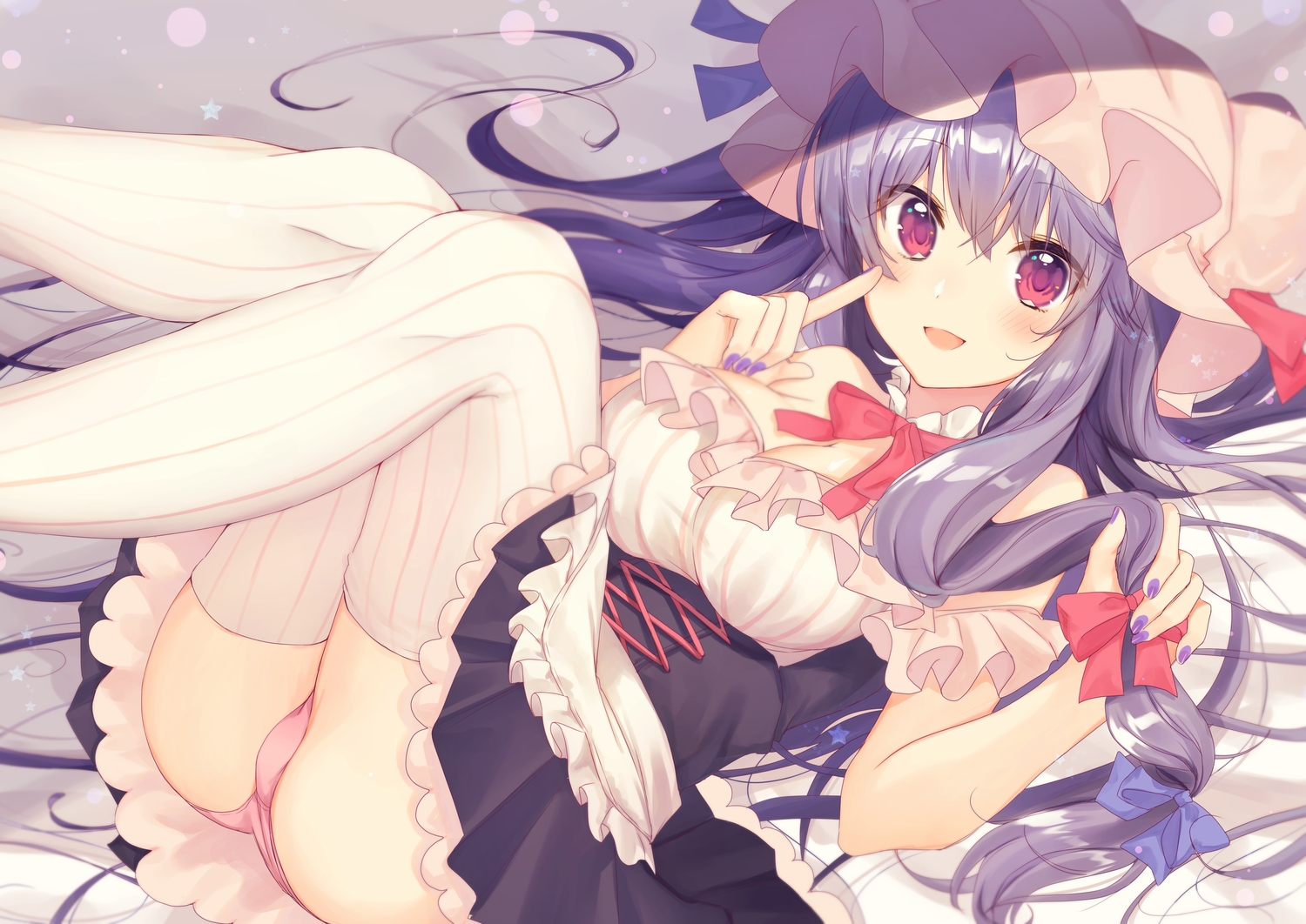 bow, dress, hat, jpeg_artifacts, long_hair, neno_(nenorium), panties, patchouli_knowledge, purple_eyes, purple_hair, touhou, underwear