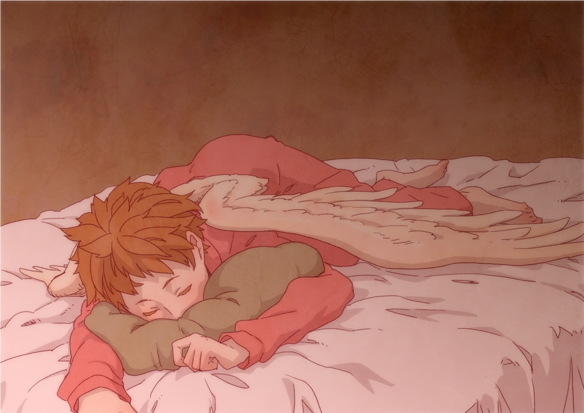 barefoot, bed, dress, hanei_mine, myourenji, orange_hair, short_hair, sleeping, species_domain, wings