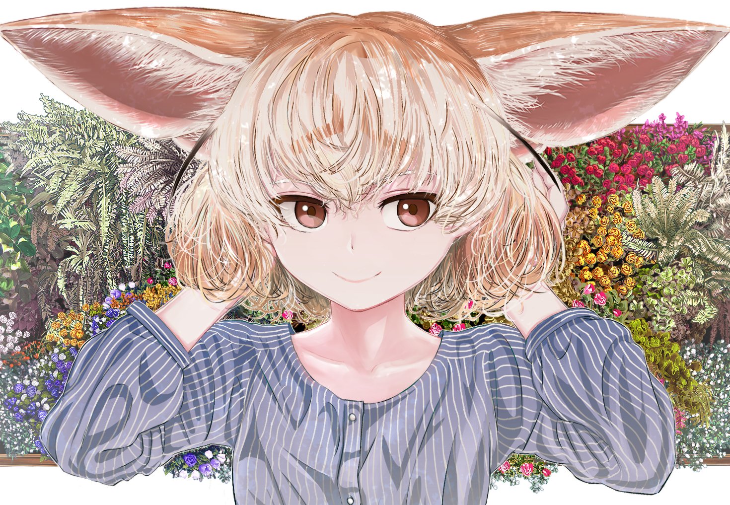 akegata_tobari, animal_ears, anthropomorphism, blonde_hair, close, fennec_(kemono_friends), flowers, kemono_friends, leaves, red_eyes, shirt, short_hair