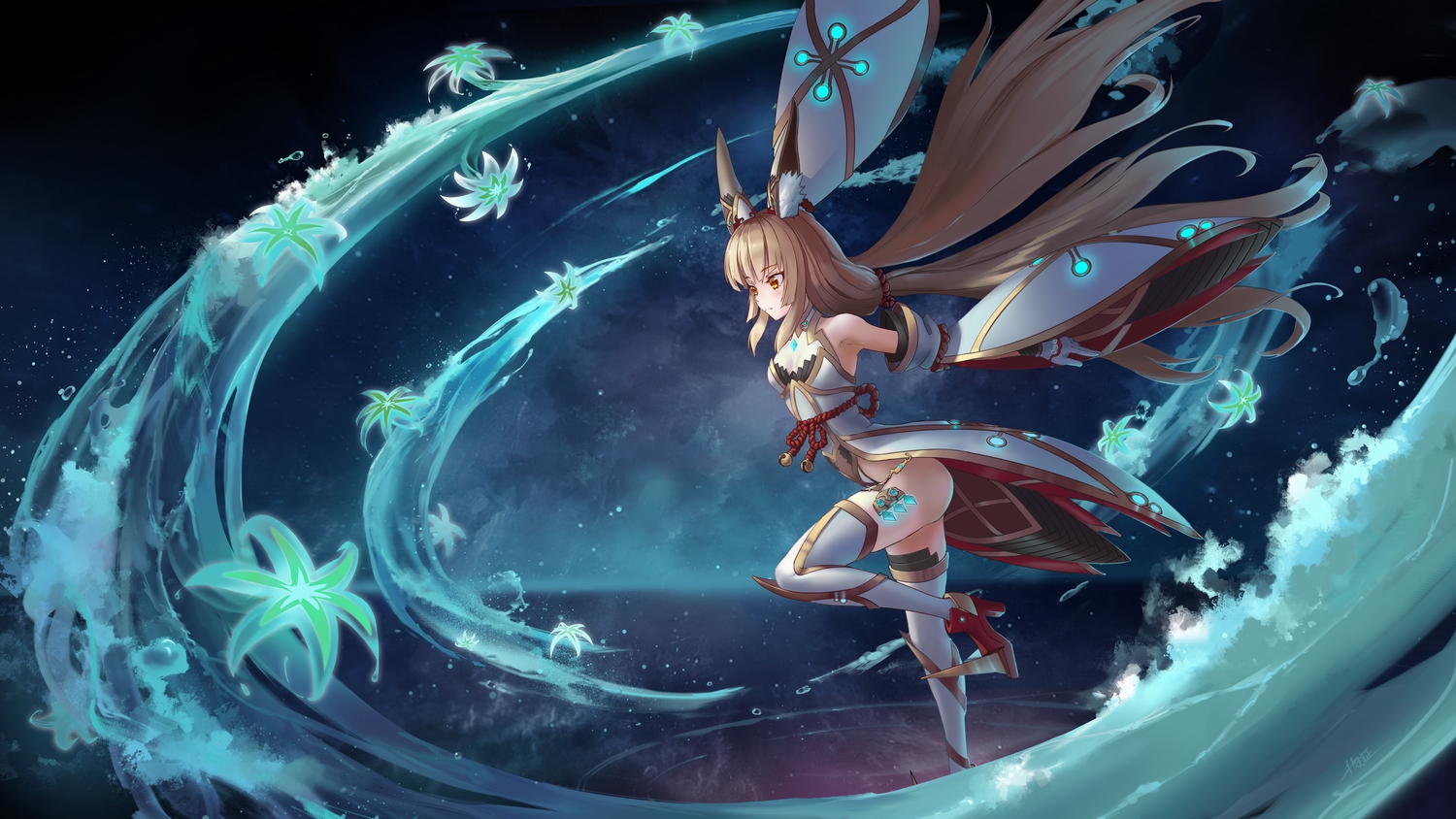 animal_ears, bodysuit, boots, brown_hair, catgirl, flowers, gloves, long_hair