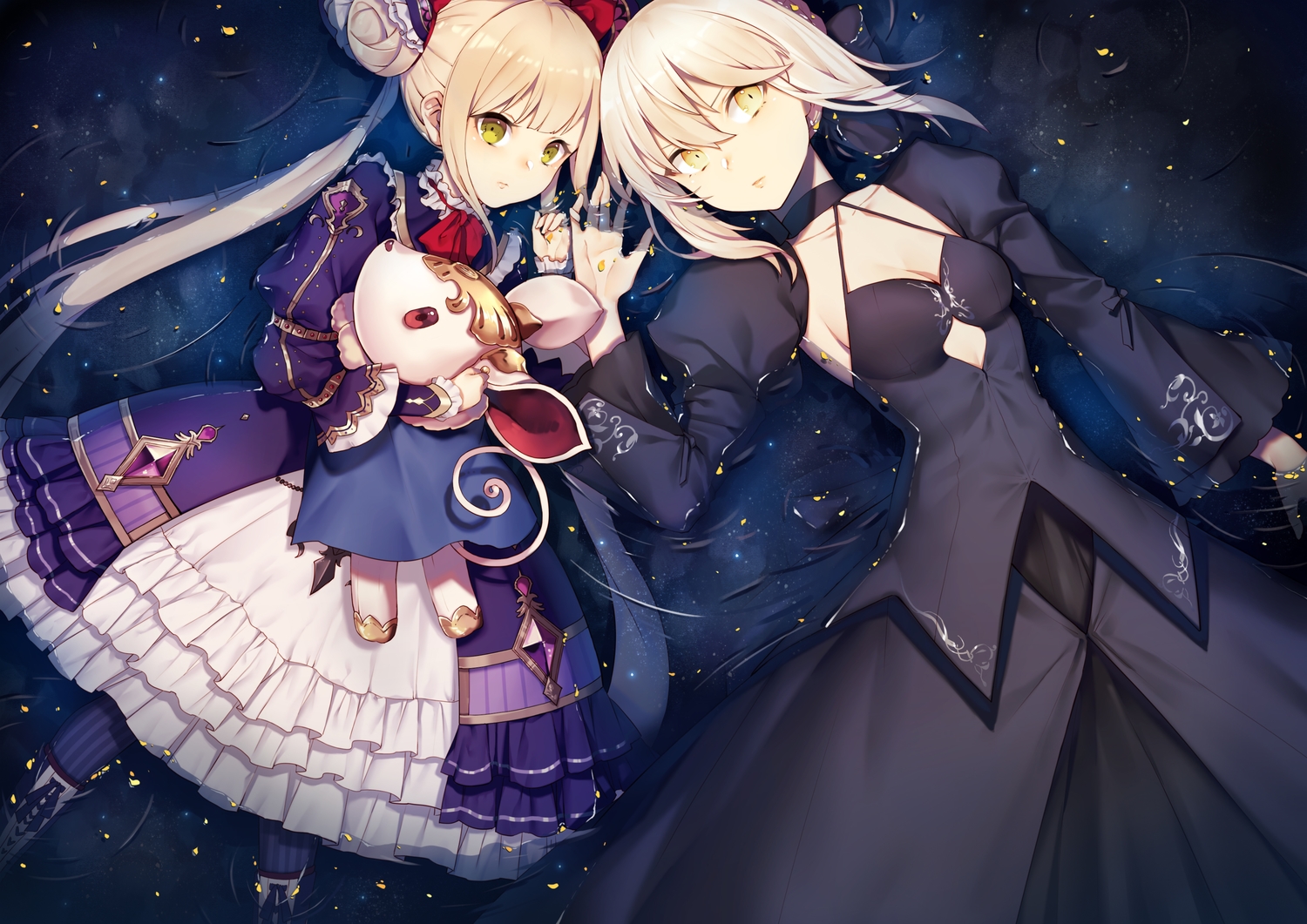 2girls, artoria_pendragon_(all), blonde_hair, boots, breasts, choker, cleavage, crossover, dress, fate_(series), fate/stay_night, gothic, green_eyes, iiiroha, loli, lolita_fashion, long_hair, luna_(shadowverse), pantyhose, saber, saber_alter, shadowverse, short_hair, twintails, water, yellow_eyes