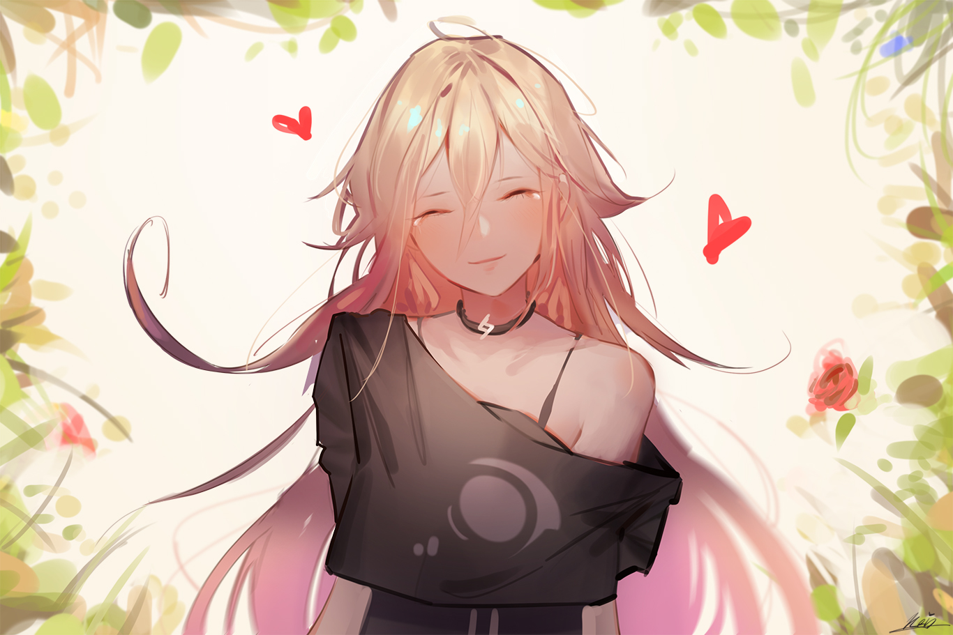 blonde_hair, choker, flowers, heart, ia, krin, leaves, long_hair, signed, tears, vocaloid