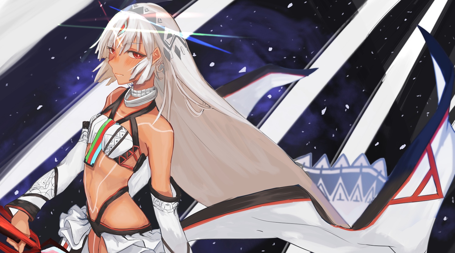aruto2498, attila_(fate/grand_order), blush, choker, dark_skin, fate/grand_order, fate_(series), flat_chest, headdress, long_hair, navel, red_eyes, space, tattoo, weapon, white_hair