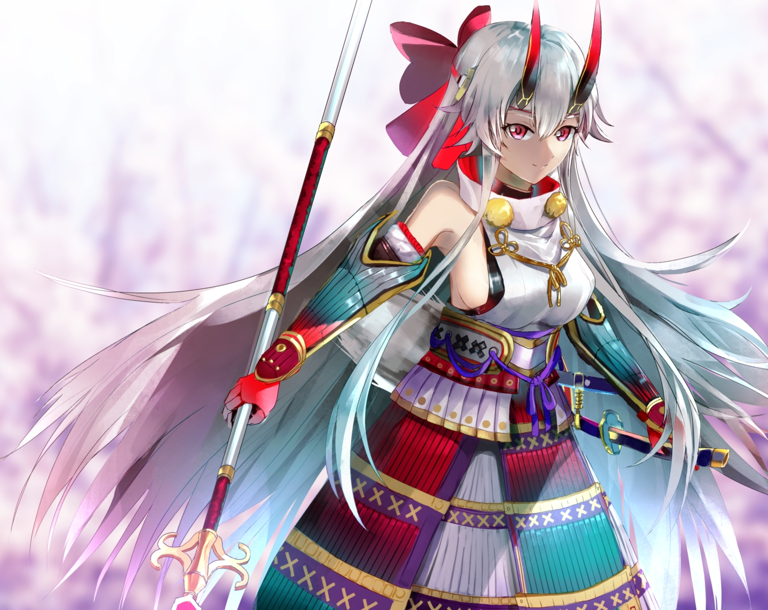 armor, bow, breasts, cropped, dress, elbow_gloves, fate/grand_order, fate_(series), gloves, horns, japanese_clothes, katana, long_hair, red_eyes, samurai, sideboob, spear, sword, tomoe_gozen, tsujieiri, weapon, white_hair