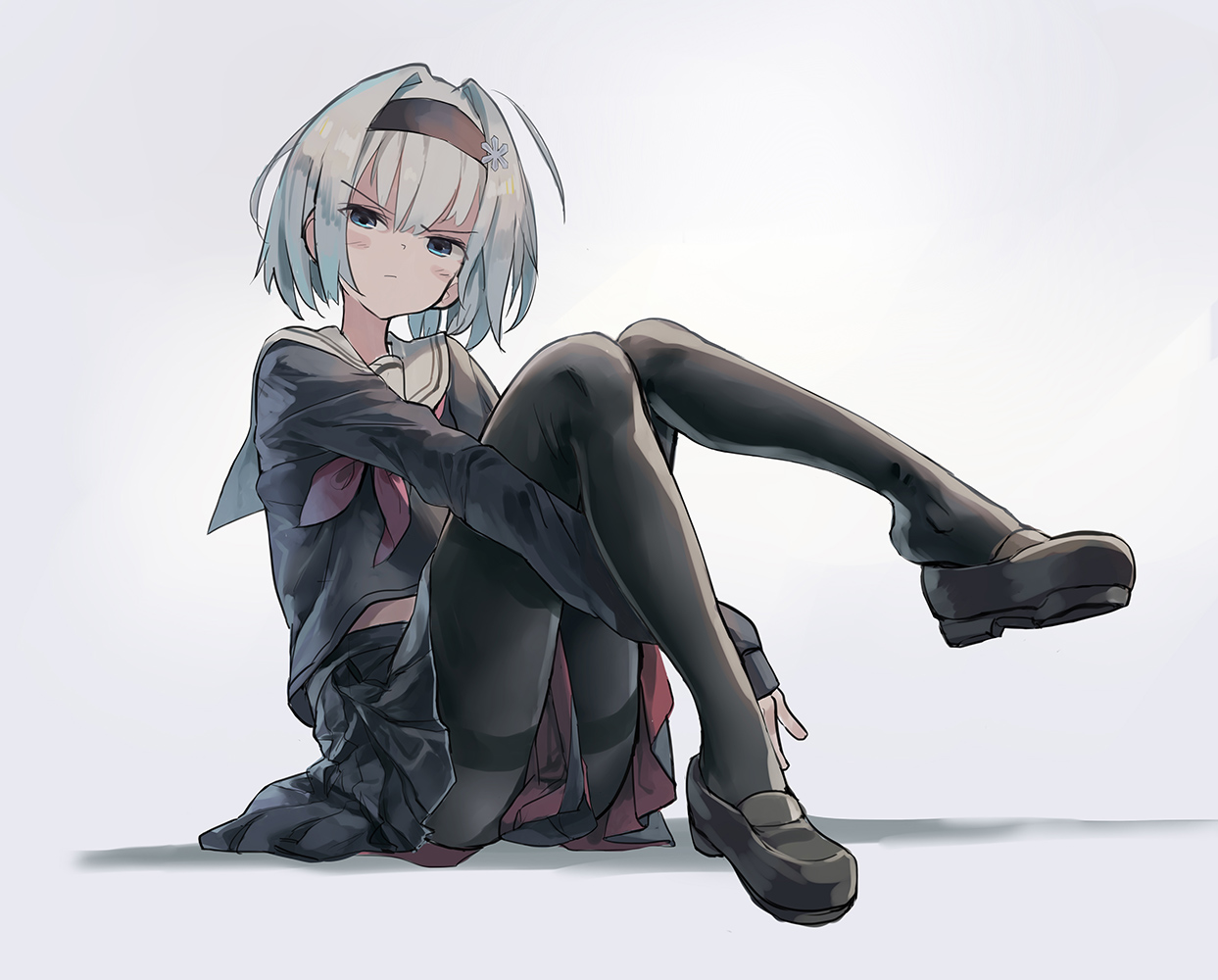 blue_eyes, gray_hair, headband, huanxiang_huifeng, pantyhose, ryuuou_no_oshigoto!, school_uniform, short_hair
