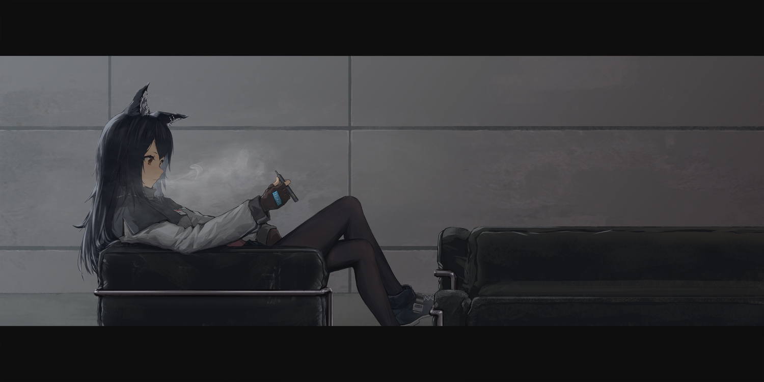 animal_ears, arknights, black_hair, couch, gh_(chen_ghh), gloves, long_hair, pantyhose, smoking, texas_(arknights), wolfgirl, yellow_eyes