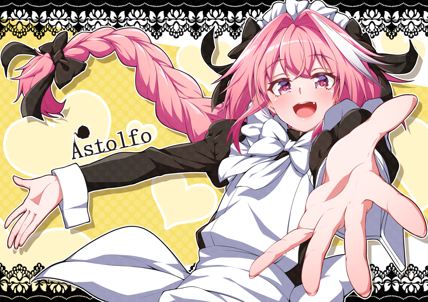 all_male, apron, astolfo, bow, braids, fang, fate/grand_order, fate_(series), headdress, long_hair, maid, male, otoko_no_ko, pink_eyes, pink_hair, ponytail, ribbons, takatun223