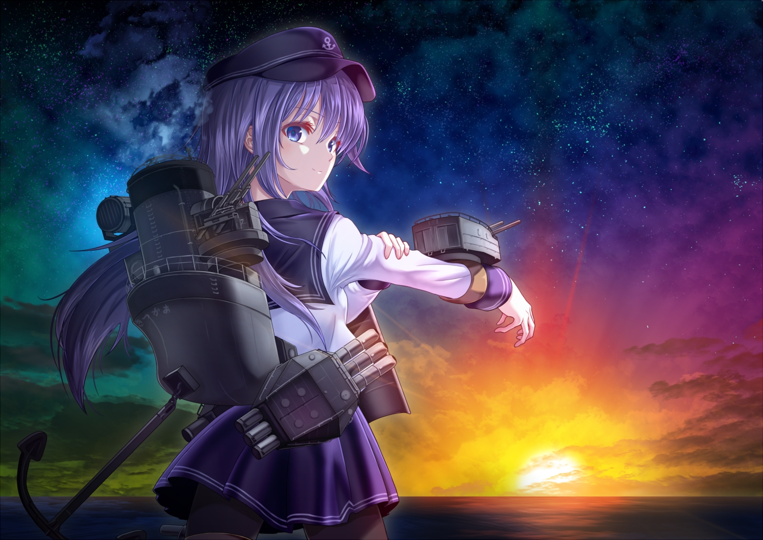 akatsuki_(kancolle), anthropomorphism, clouds, hat, kantai_collection, long_hair, pantyhose, purple_eyes, purple_hair, school_uniform, skirt, sky, stars, sunset, water, weapon, yatsu_seisakusho