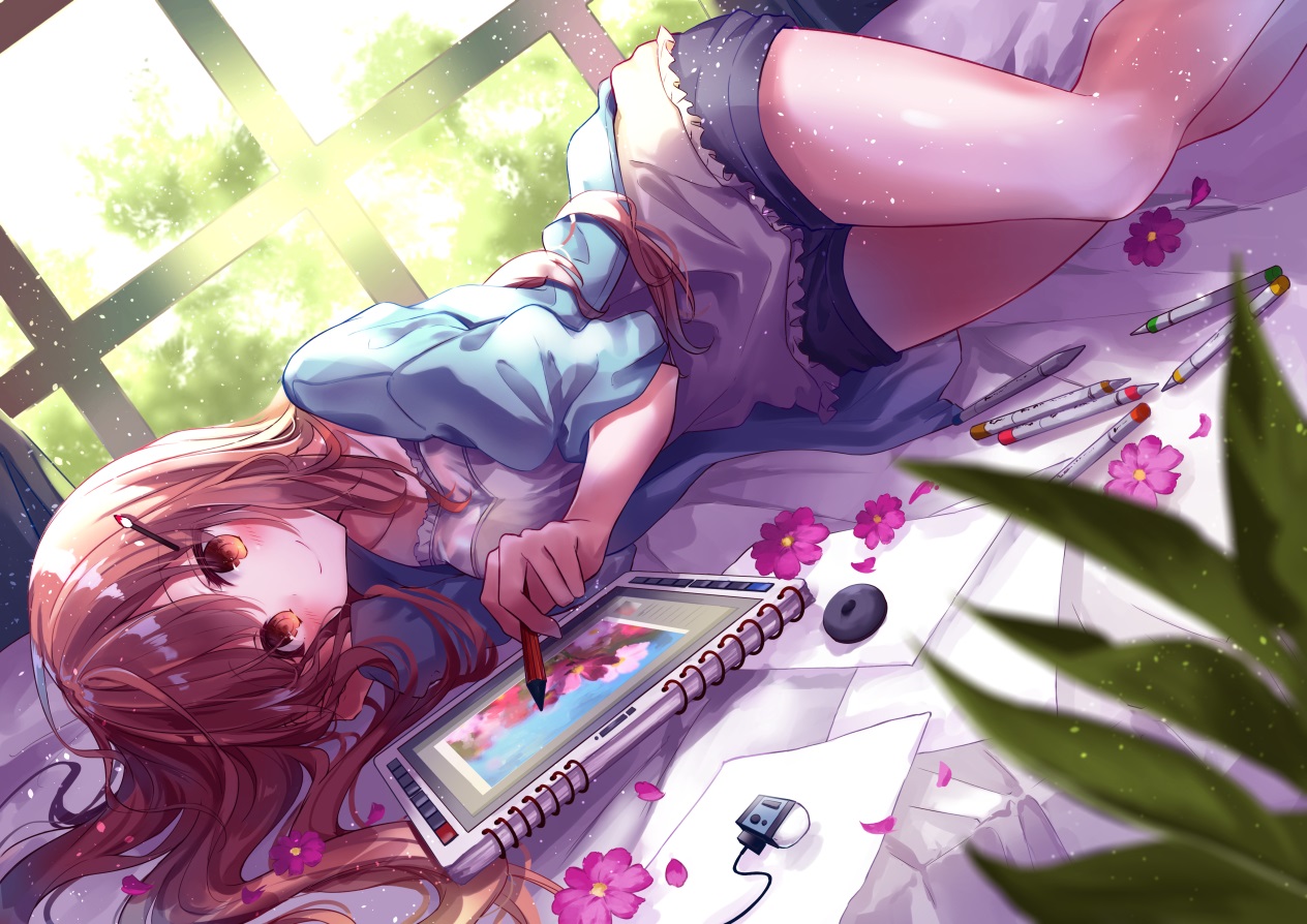 blush, brown_hair, computer, flowers, kisaragi_yuri, leaves, long_hair, orange_eyes