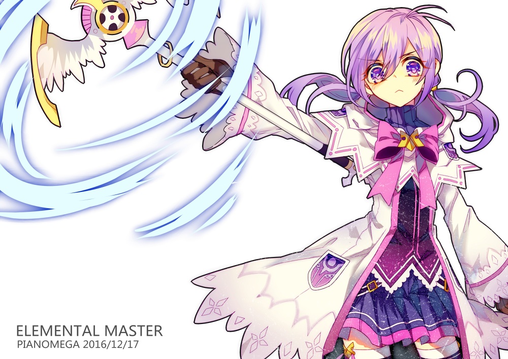 aisha_(elsword), aliasing, athria, bow, elsword, gloves, hood, long_hair, magic, purple_eyes, purple_hair, skirt, thighhighs, twintails, wand, white